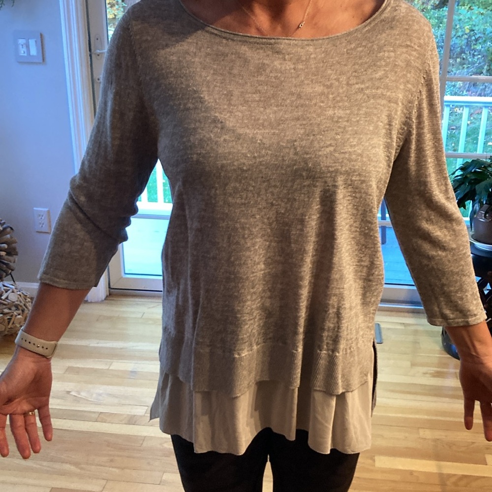Grey Eileen Fisher light weight sweater with silk accents